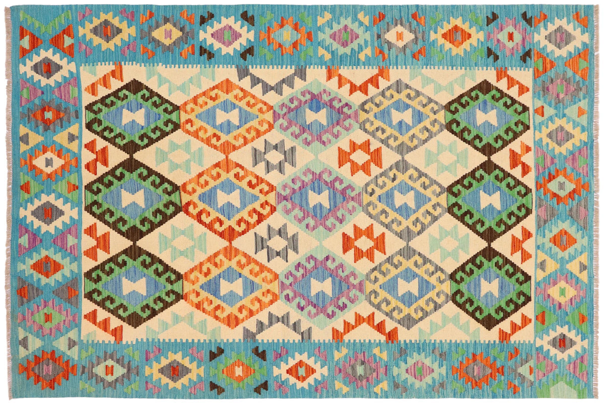 5x6 hand woven Turkish Kilim wool rug in beige and blue - Chic Brennan Turkish