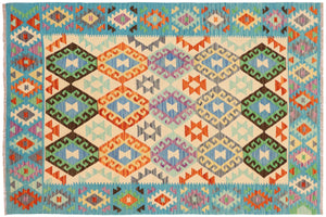 handmade Geometric Kilim Beige Blue Hand-Woven RECTANGLE 100% WOOL area rug 5 x 7