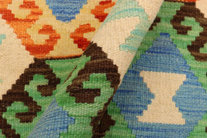 handmade Geometric Kilim Beige Blue Hand-Woven RECTANGLE 100% WOOL area rug 5 x 7