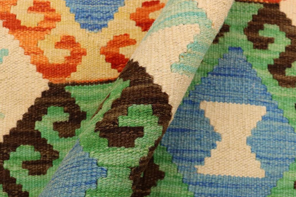 Flat Weave Kilim Antique Navaho Vintage handmade Geometric Kilim Beige Blue Hand-Woven Rectangle 100% Wool Area Rug 5x7 
