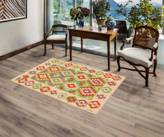 handmade Geometric Kilim Green Beige Hand-Woven RECTANGLE 100% WOOL area rug 3 x 5