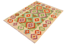 handmade Geometric Kilim Green Beige Hand-Woven RECTANGLE 100% WOOL area rug 3 x 5