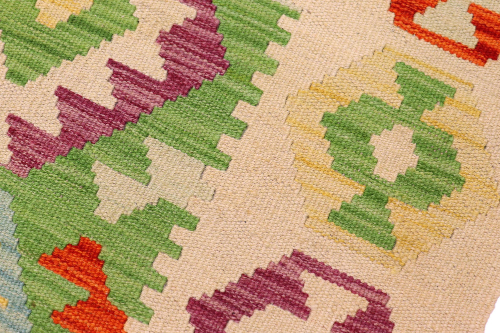 handmade Geometric Kilim Green Beige Hand-Woven RECTANGLE 100% WOOL area rug 3 x 5