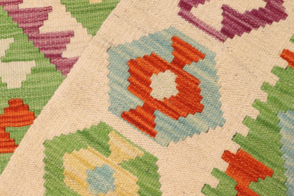 handmade Geometric Kilim Green Beige Hand-Woven RECTANGLE 100% WOOL area rug 3 x 5
