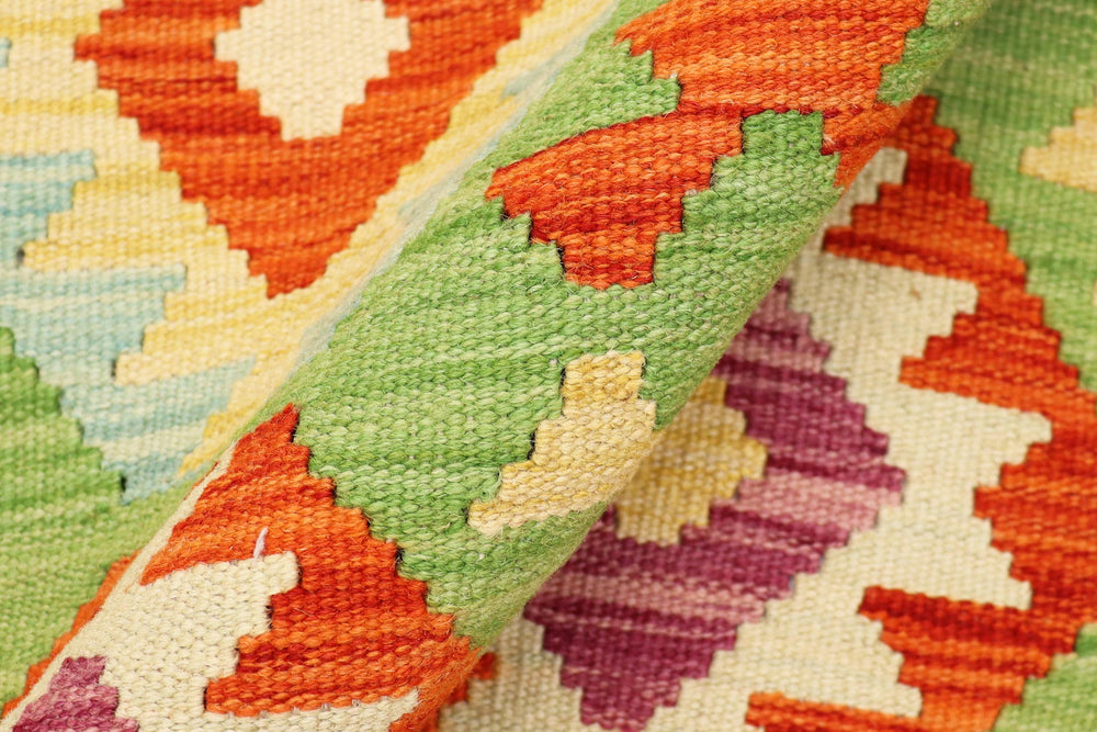 handmade Geometric Kilim Green Beige Hand-Woven RECTANGLE 100% WOOL area rug 3 x 5