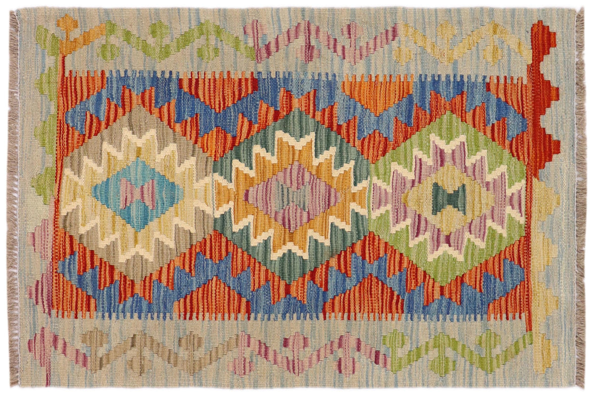 2x3 hand woven Turkish Kilim wool rug in rust and blue - Tribal Turkish Ruby