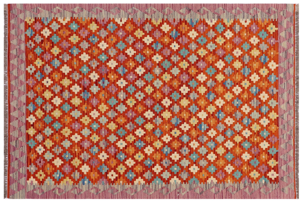 3x5 hand woven Turkish Modern Kilim wool rug in rust and purple - Turkish Bohemian Elisha