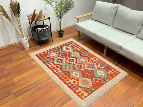 handmade Geometric Kilim Rust Beige Hand-Woven RECTANGLE 100% WOOL area rug 4 x 6