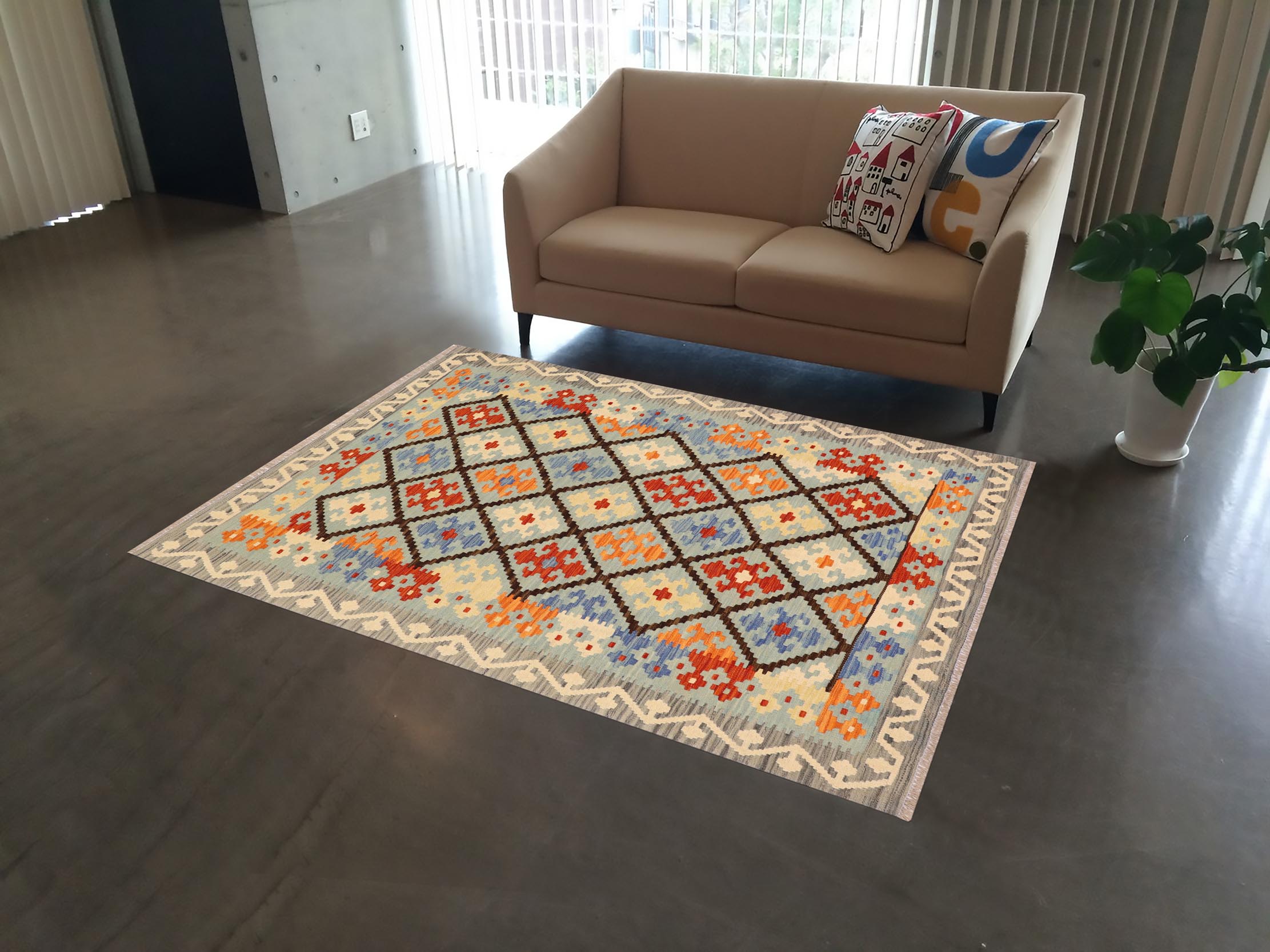handmade Geometric Kilim Blue Rust Hand-Woven RECTANGLE 100% WOOL area rug 4 x 6