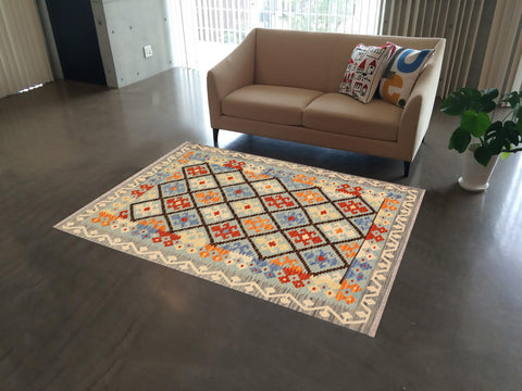 handmade Geometric Kilim Blue Rust Hand-Woven RECTANGLE 100% WOOL area rug 4 x 6