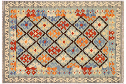 handmade Geometric Kilim Blue Rust Hand-Woven RECTANGLE 100% WOOL area rug 4 x 6