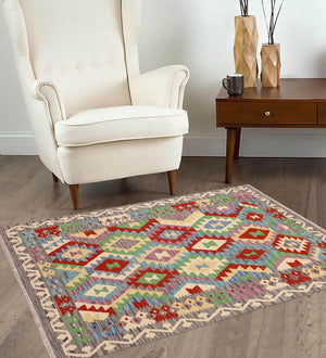 handmade Geometric Kilim Blue Gray Hand-Woven RECTANGLE 100% WOOL area rug 4 x 6