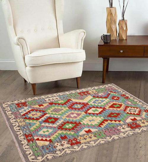handmade Geometric Kilim Blue Gray Hand-Woven RECTANGLE 100% WOOL area rug 4 x 6