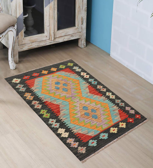 handmade Geometric Kilim Blue Black Hand-Woven RECTANGLE 100% WOOL area rug 2' x 3'