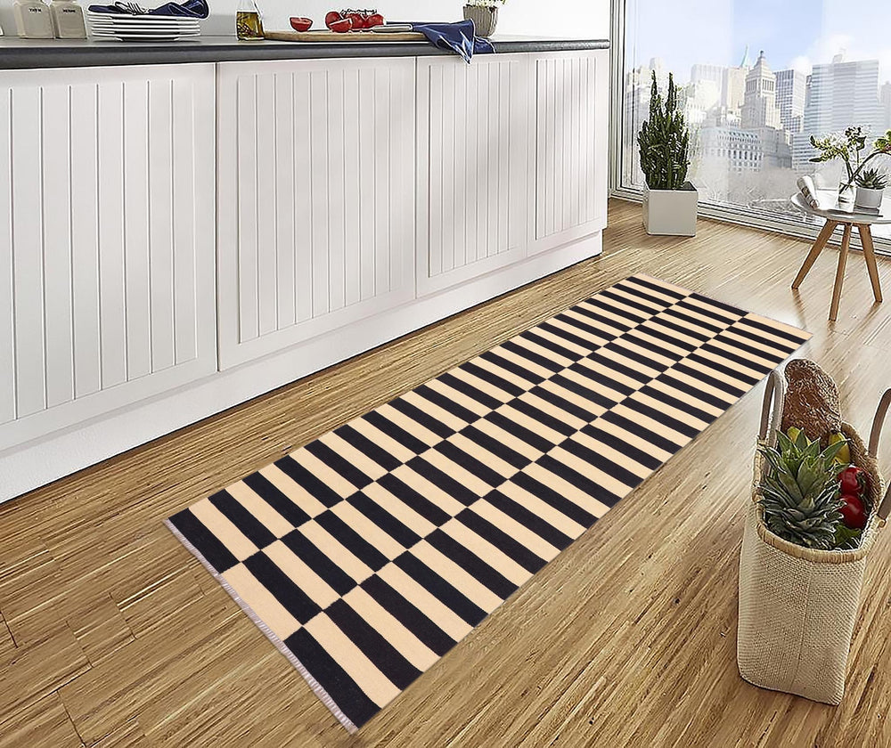handmade Modern Kilim Beige Black Hand-Woven RUNNER 100% WOOL area rug 3' x 9'