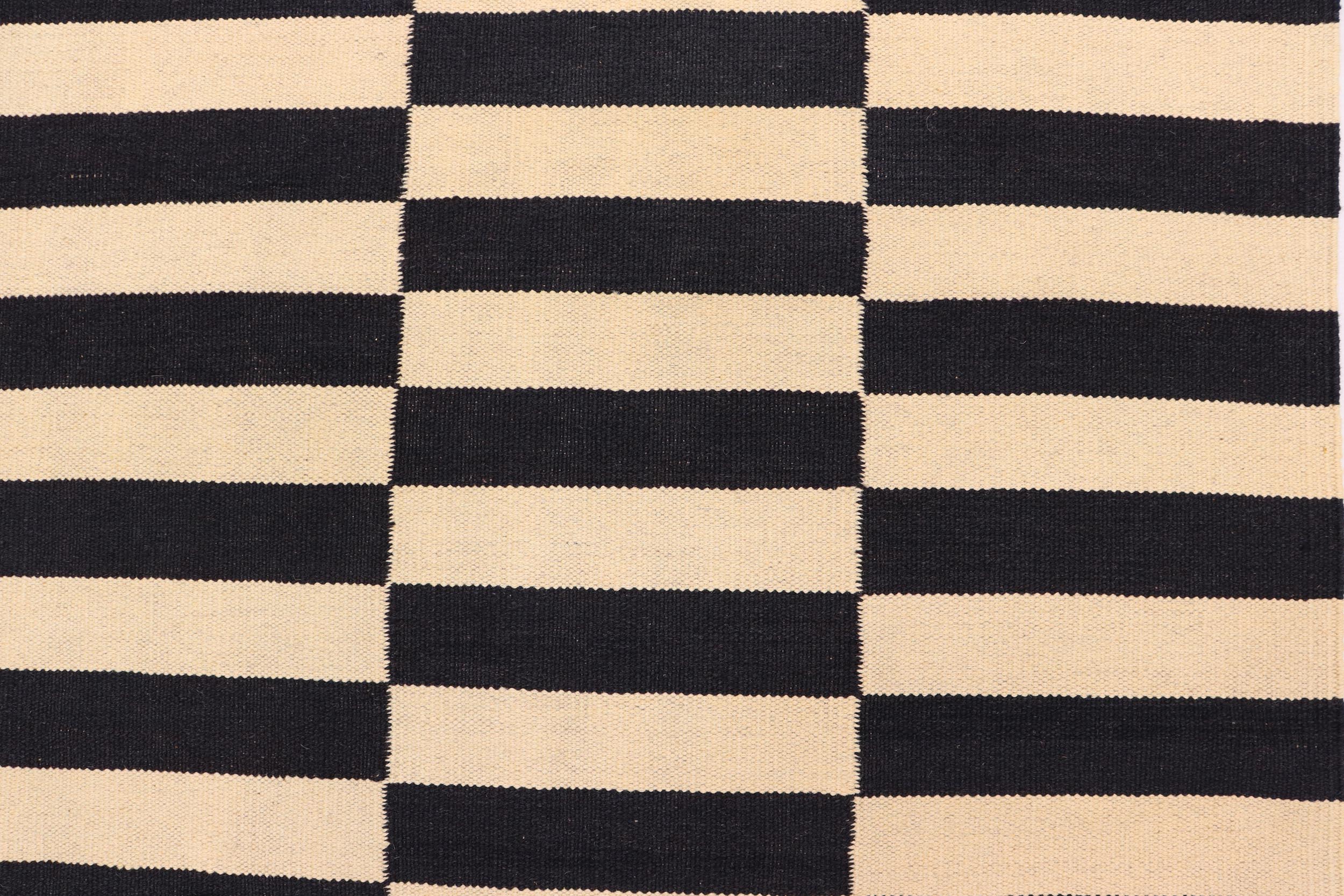 handmade Modern Kilim Beige Black Hand-Woven RUNNER 100% WOOL area rug 3' x 9'