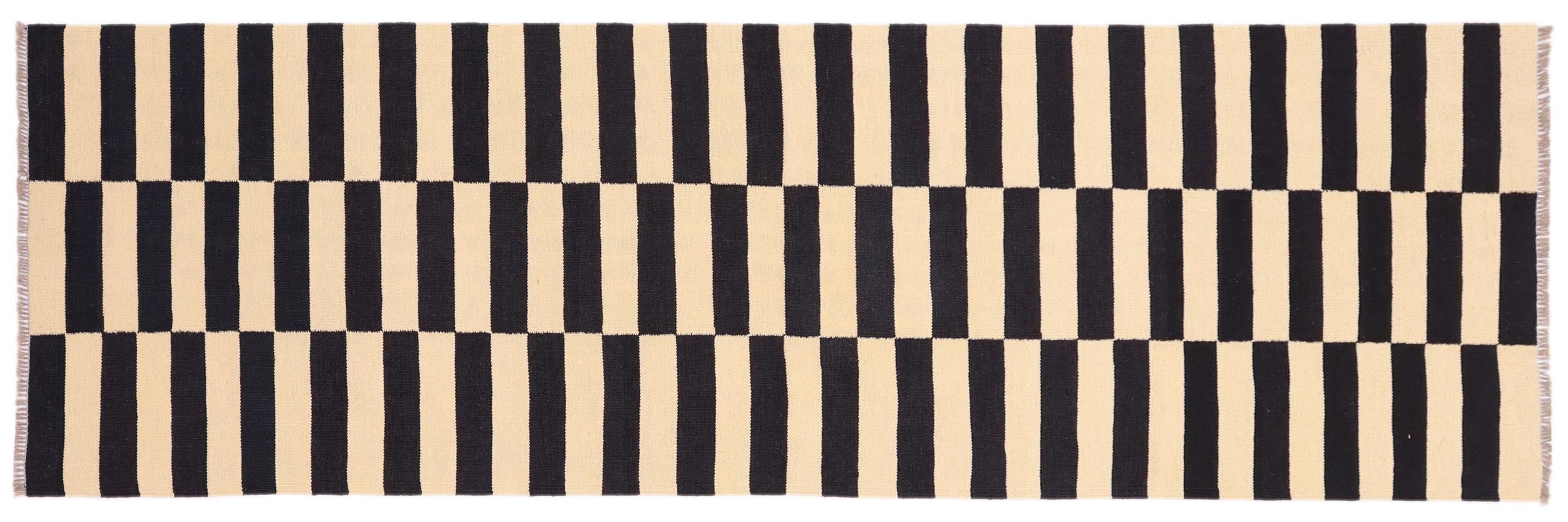handmade Modern Kilim Beige Black Hand-Woven RUNNER 100% WOOL area rug 3' x 9'