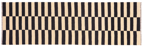 handmade Modern Kilim Beige Black Hand-Woven RUNNER 100% WOOL area rug 3' x 9'