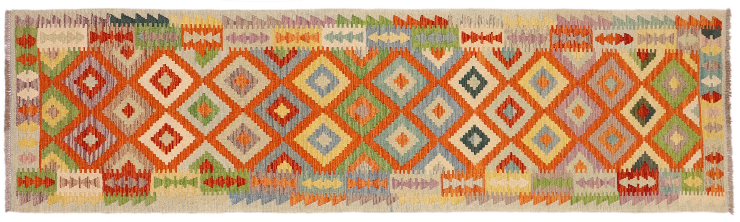 handmade Geometric Kilim Orange Blue Hand-Woven RUNNER 100% WOOL area rug 3 x 10