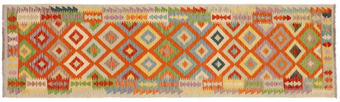 handmade Geometric Kilim Orange Blue Hand-Woven RUNNER 100% WOOL area rug 3 x 10