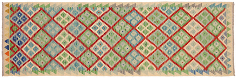 handmade Geometric Kilim Red Blue Hand-Woven RUNNER 100% WOOL area rug 3 x 10