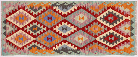 handmade Geometric Kilim Red Blue Hand-Woven RUNNER 100% WOOL area rug 3 x 6