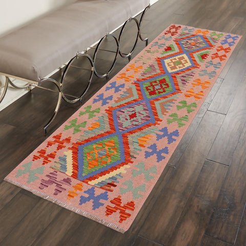handmade Geometric Kilim Rust Pink Hand-Woven RUNNER 100% WOOL area rug 3' x 6'