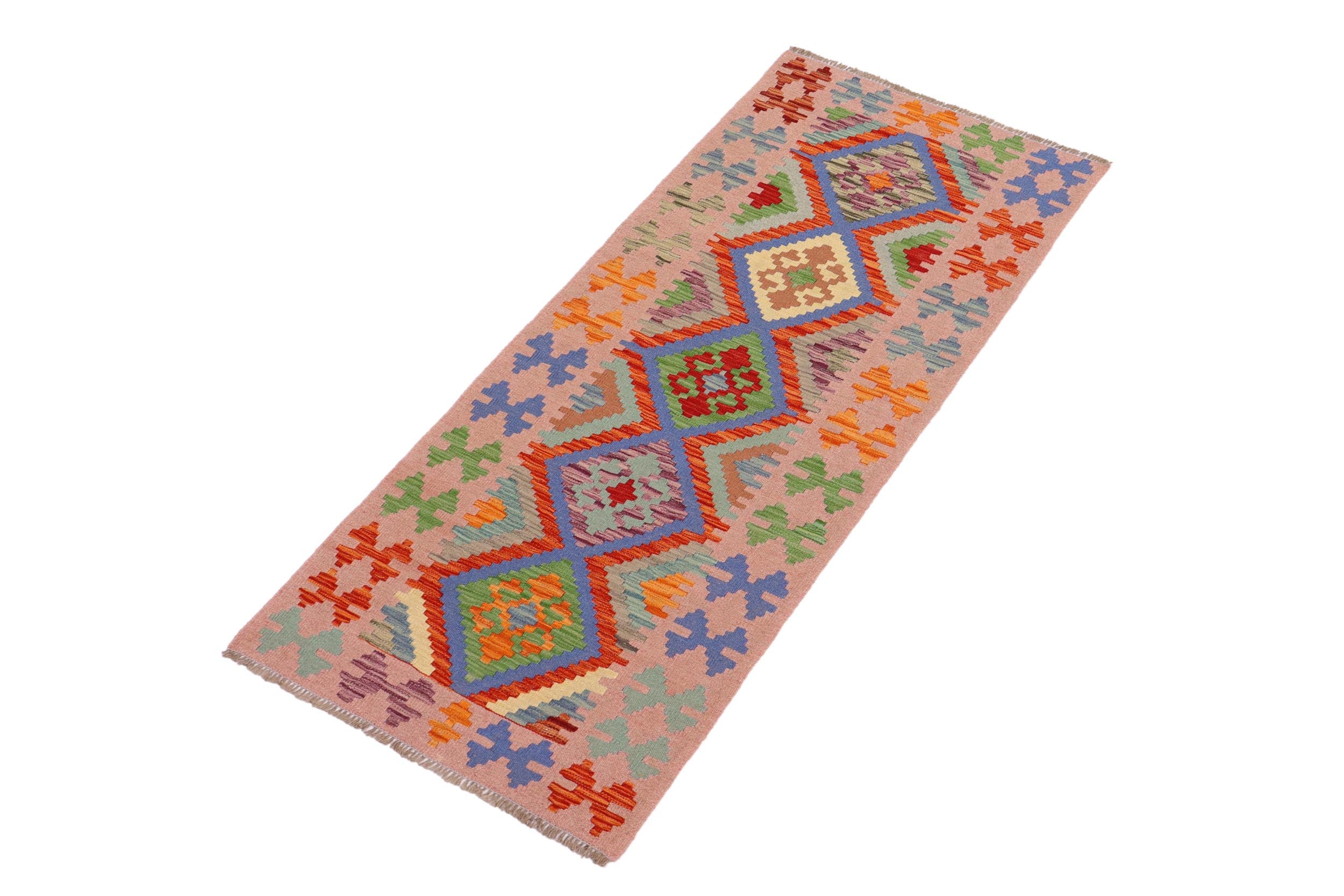 handmade Geometric Kilim Rust Pink Hand-Woven RUNNER 100% WOOL area rug 3' x 6'