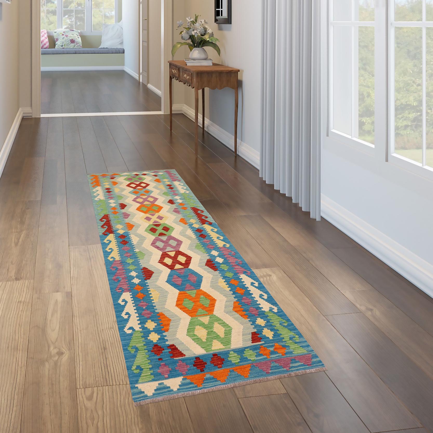 handmade Geometric Kilim Beige Blue Hand-Woven RUNNER 100% WOOL area rug 3' x 9'
