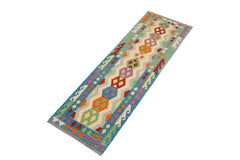 Flat Weave Kilim Antique Navaho Vintage handmade Geometric Kilim Beige Blue Hand-Woven Runner 100% Wool Area Rug 3x9 