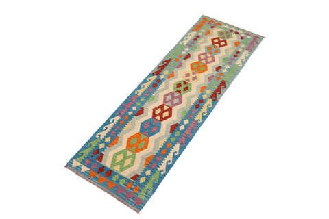 handmade Geometric Kilim Beige Blue Hand-Woven RUNNER 100% WOOL area rug 3' x 9'