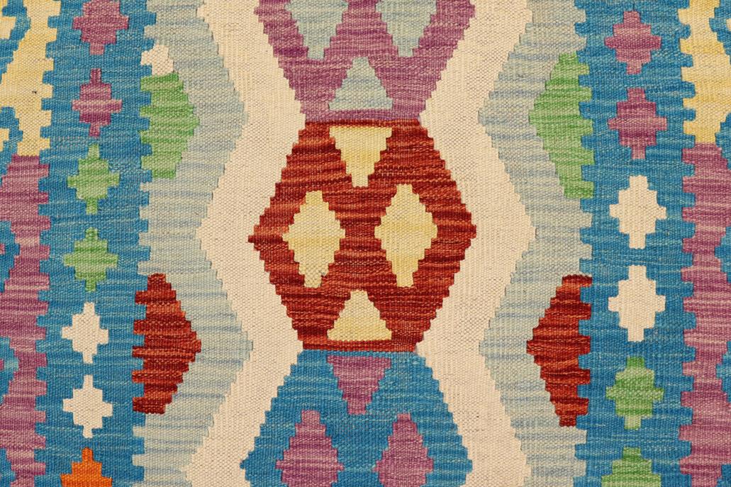 Flat Weave Kilim Antique Navaho Vintage handmade Geometric Kilim Beige Blue Hand-Woven Runner 100% Wool Area Rug 3x9 