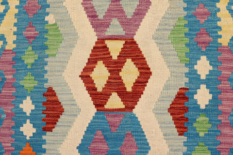 handmade Geometric Kilim Beige Blue Hand-Woven RUNNER 100% WOOL area rug 3' x 9'