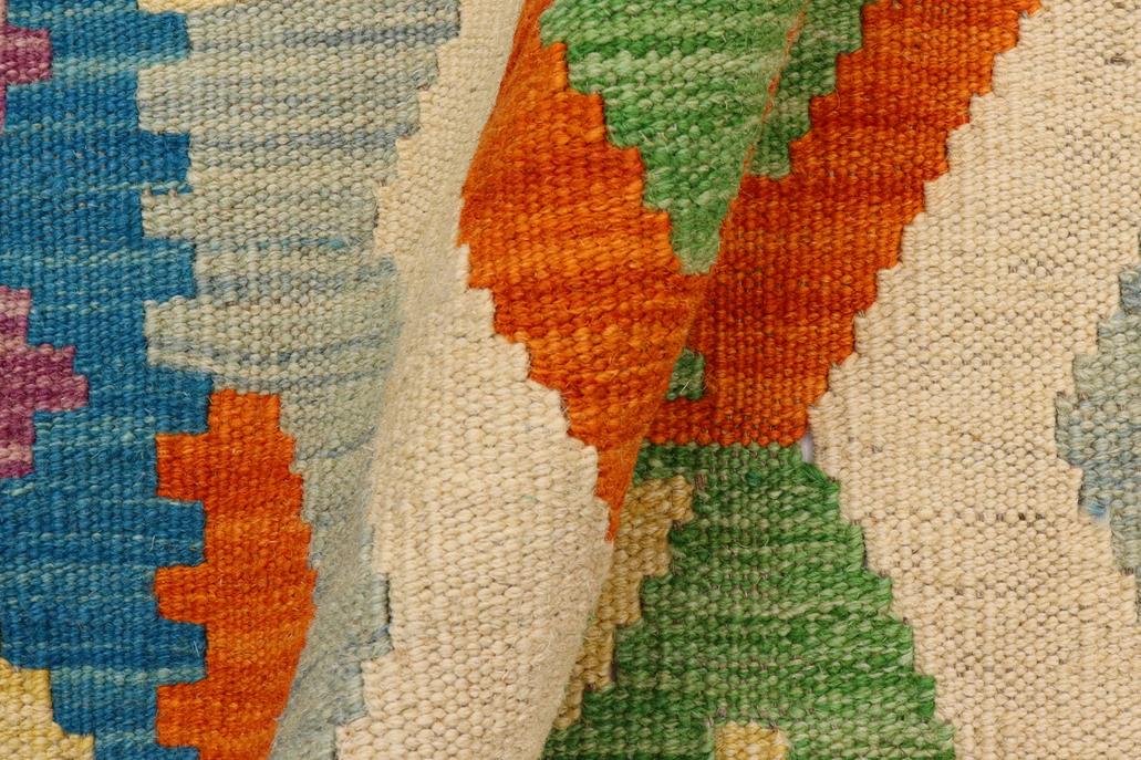 Flat Weave Kilim Antique Navaho Vintage handmade Geometric Kilim Beige Blue Hand-Woven Runner 100% Wool Area Rug 3x9 