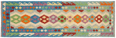 Flat Weave Kilim Antique Navaho Vintage handmade Geometric Kilim Beige Blue Hand-Woven Runner 100% Wool Area Rug 3x9 
