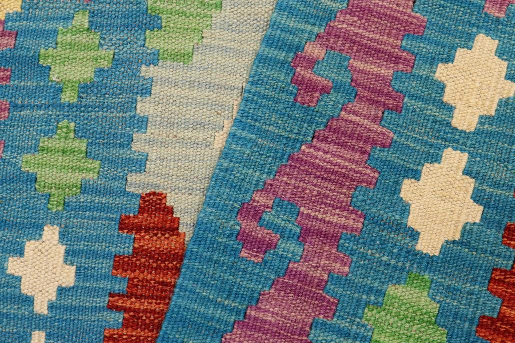 Flat Weave Kilim Antique Navaho Vintage handmade Geometric Kilim Beige Blue Hand-Woven Runner 100% Wool Area Rug 3x9 