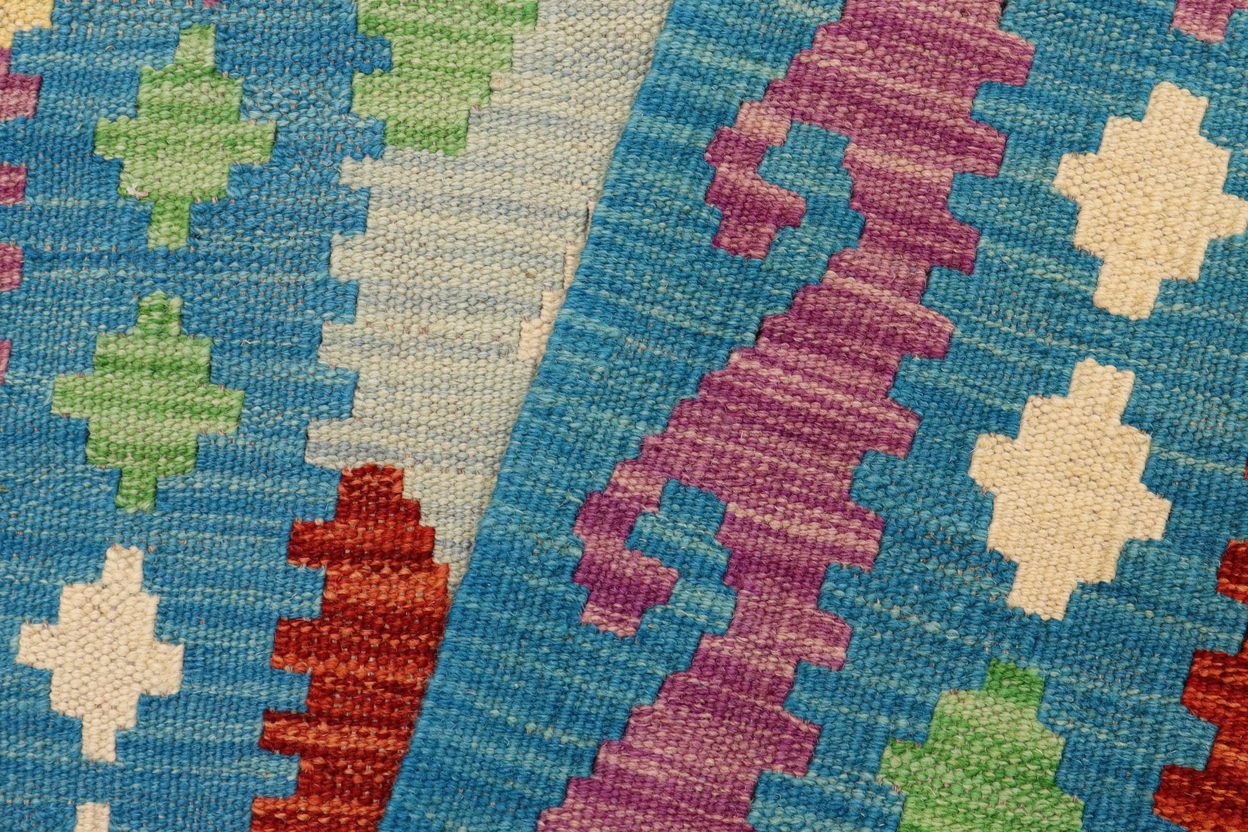 handmade Geometric Kilim Beige Blue Hand-Woven RUNNER 100% WOOL area rug 3' x 9'