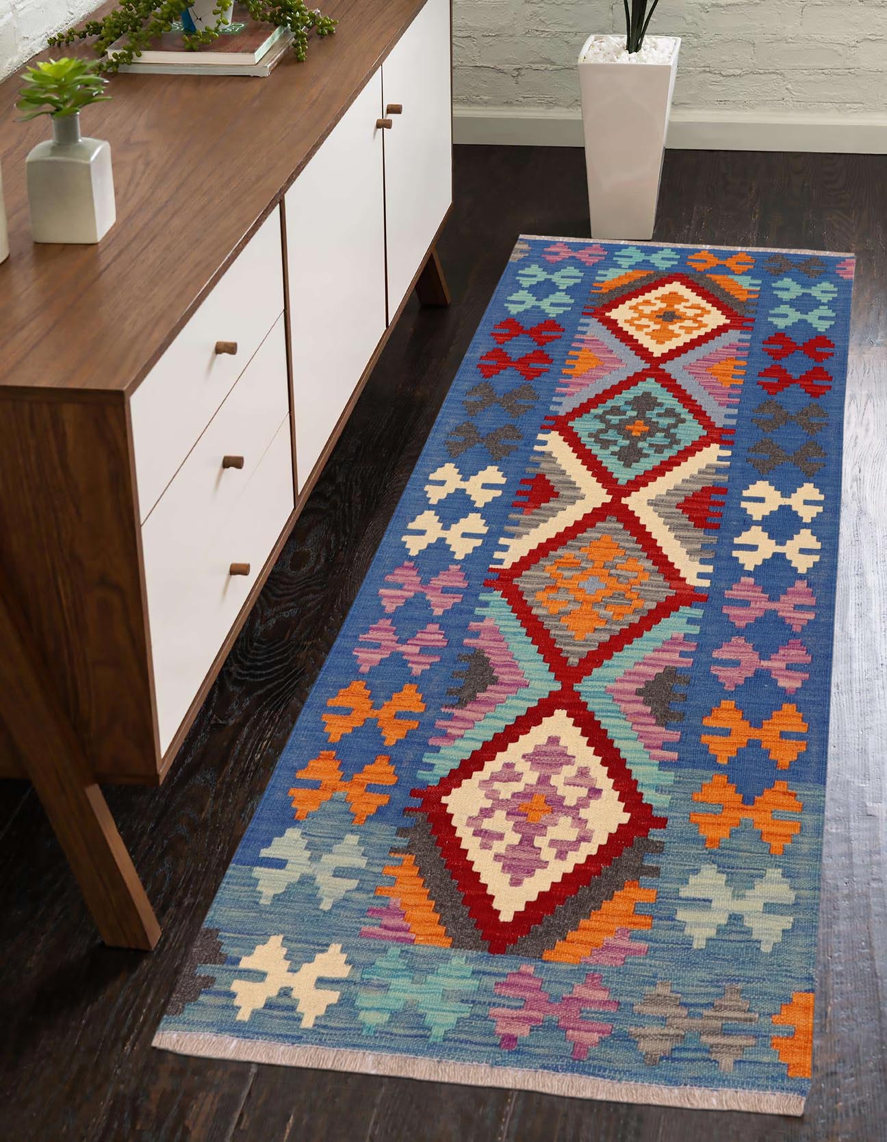 handmade Geometric Kilim Red Blue Hand-Woven RUNNER 100% WOOL area rug 3' x 6'