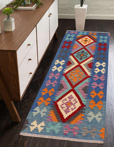 handmade Geometric Kilim Red Blue Hand-Woven RUNNER 100% WOOL area rug 3' x 6'