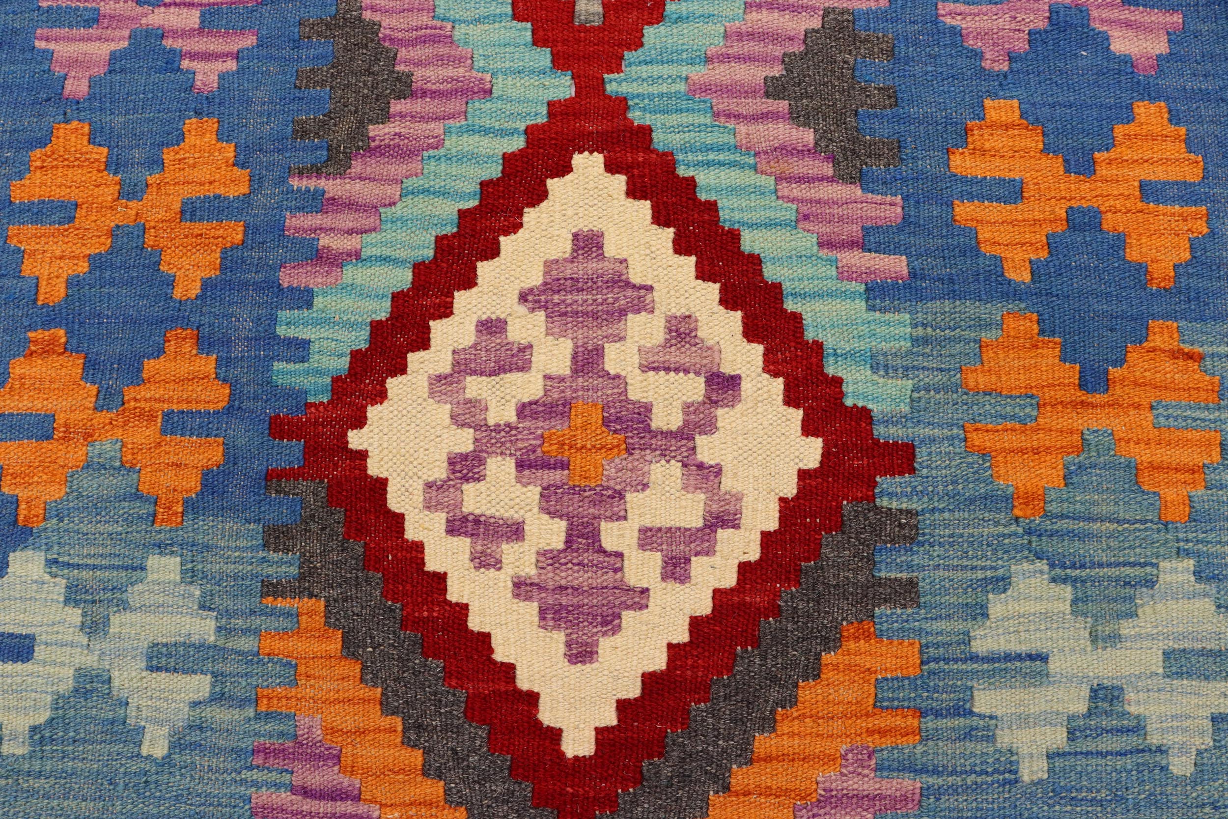 handmade Geometric Kilim Red Blue Hand-Woven RUNNER 100% WOOL area rug 3' x 6'