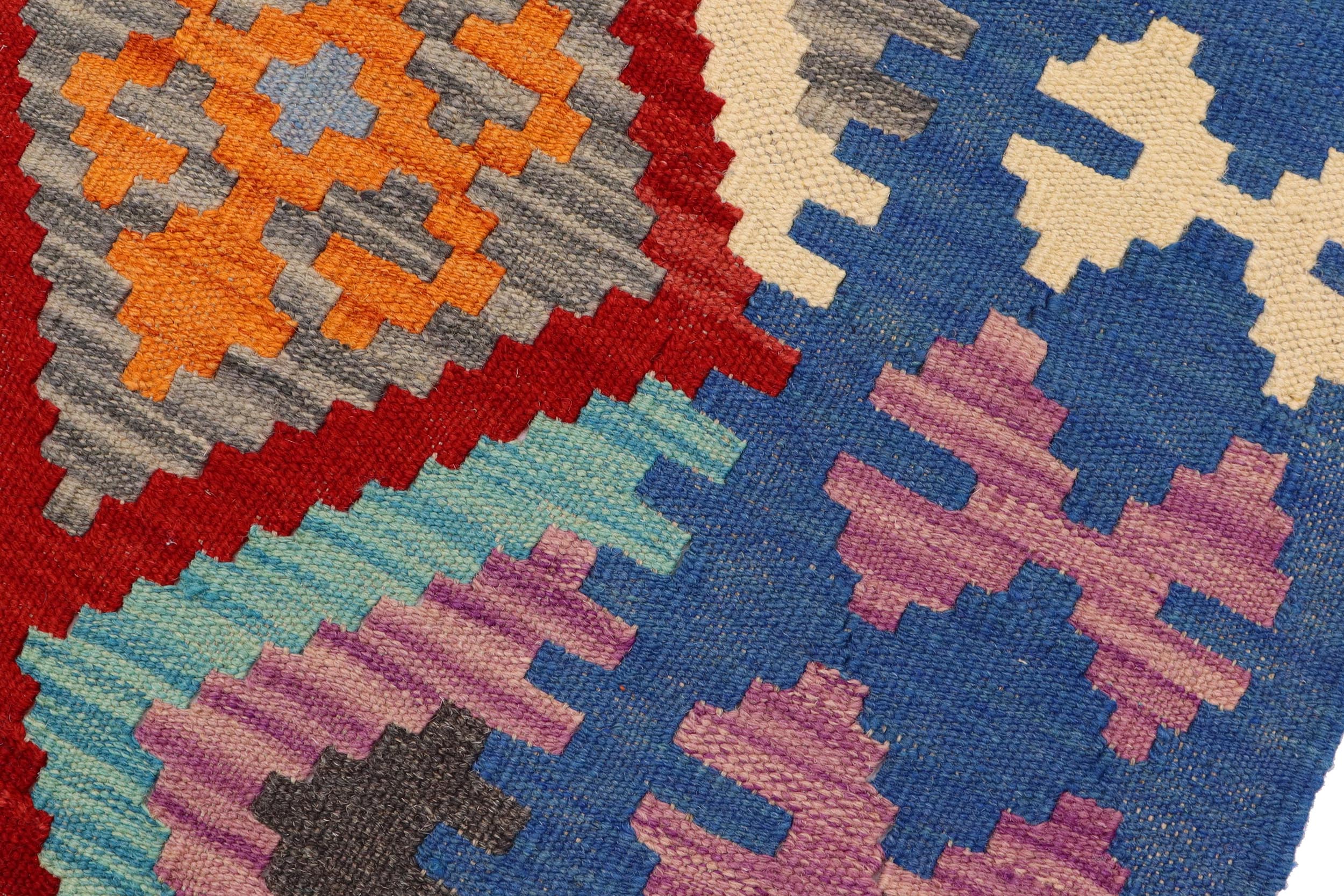 handmade Geometric Kilim Red Blue Hand-Woven RUNNER 100% WOOL area rug 3' x 6'