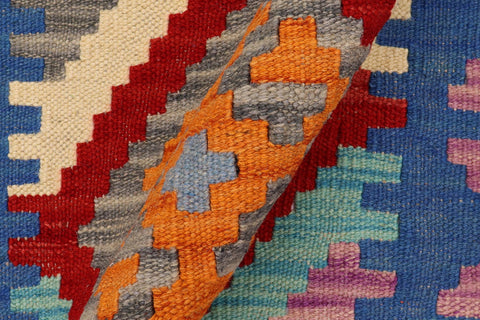 handmade Geometric Kilim Red Blue Hand-Woven RUNNER 100% WOOL area rug 3' x 6'