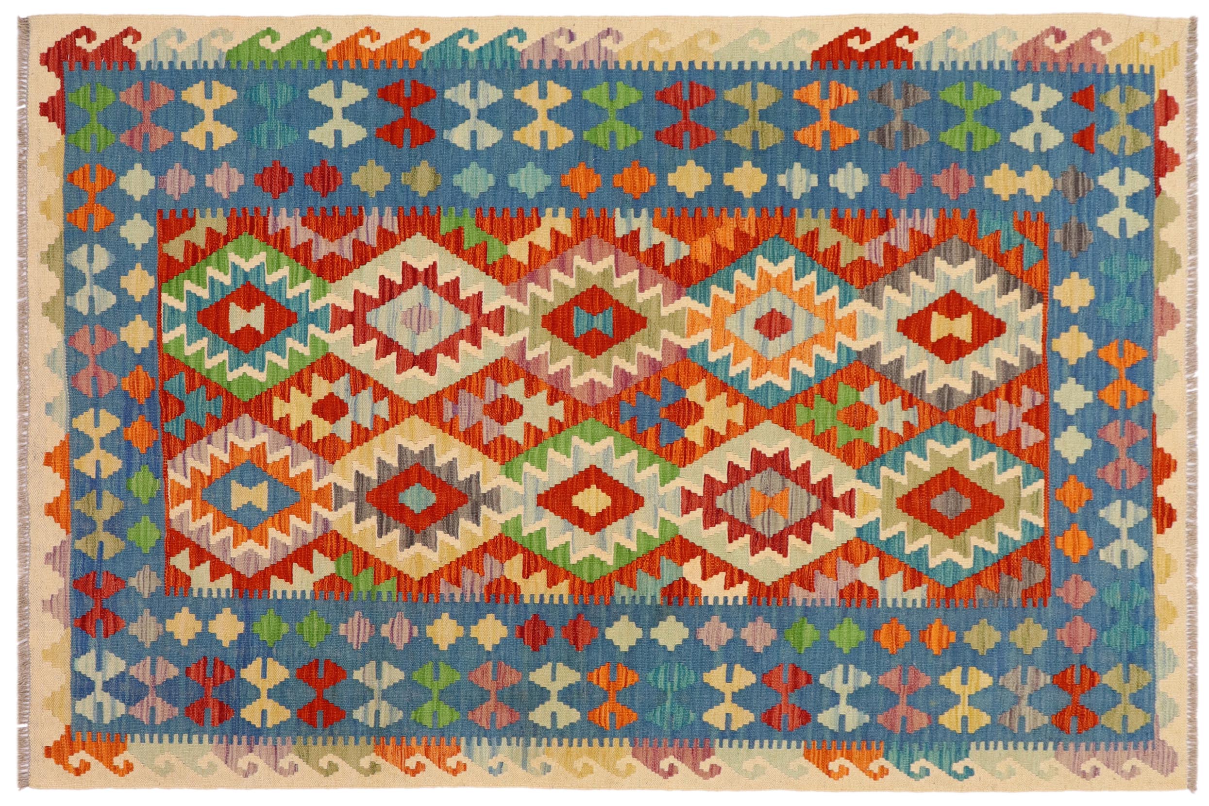 handmade Geometric Kilim Rust Blue Hand-Woven RECTANGLE 100% WOOL area rug 5x6