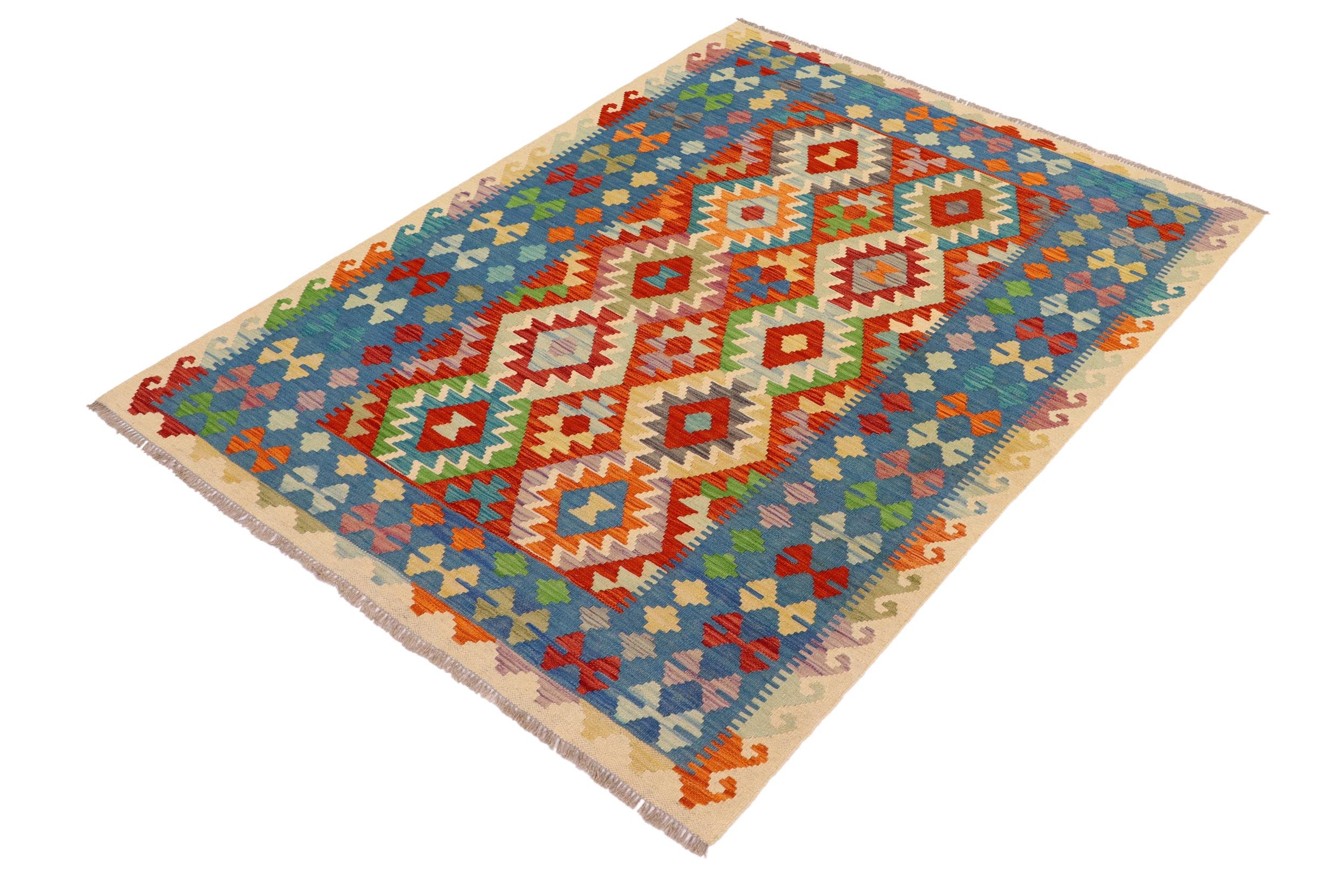 handmade Geometric Kilim Rust Blue Hand-Woven RECTANGLE 100% WOOL area rug 5x6