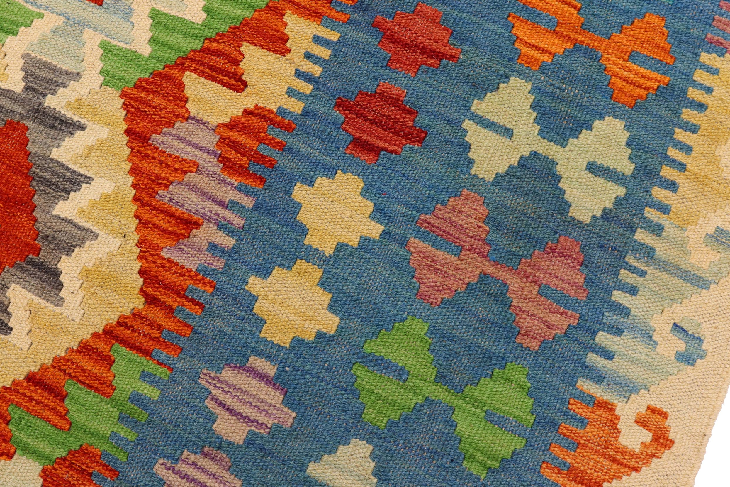 handmade Geometric Kilim Rust Blue Hand-Woven RECTANGLE 100% WOOL area rug 5x6