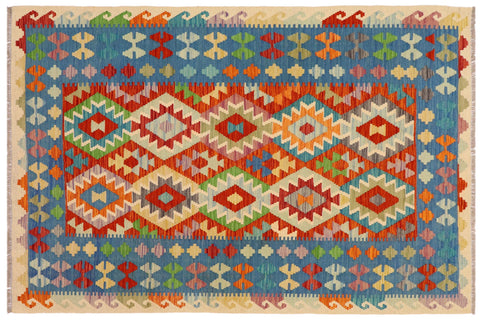 handmade Geometric Kilim Rust Blue Hand-Woven RECTANGLE 100% WOOL area rug 5x6