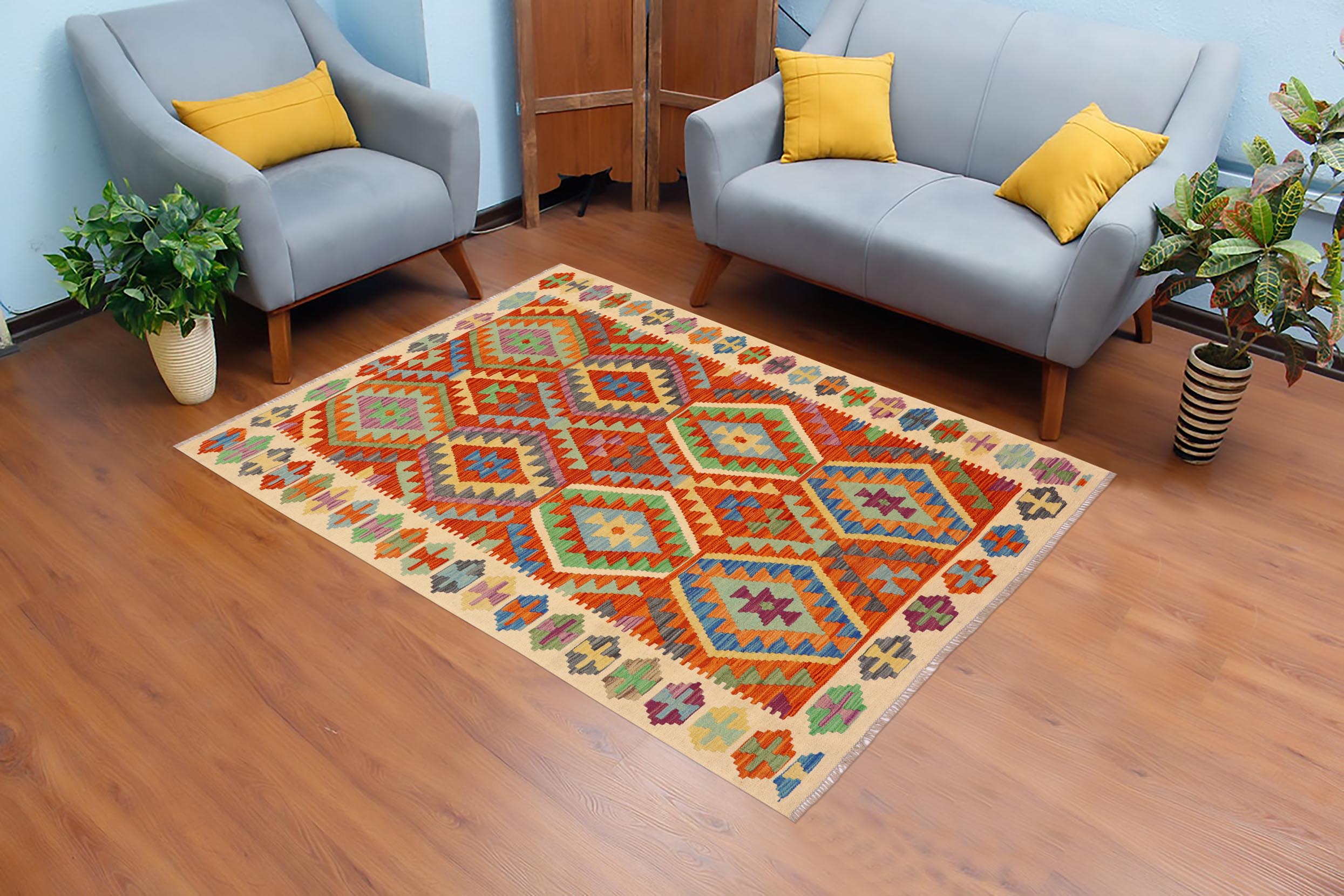 handmade Geometric Kilim Rust Beige Hand-Woven RECTANGLE 100% WOOL area rug 5x6