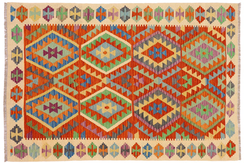 handmade Geometric Kilim Rust Beige Hand-Woven RECTANGLE 100% WOOL area rug 5x6