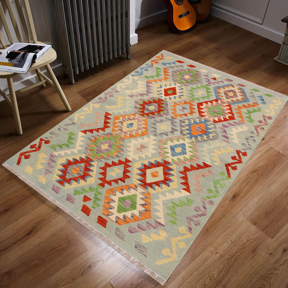 handmade Geometric Kilim Blue Rust Hand-Woven RECTANGLE 100% WOOL area rug 4 x 5
