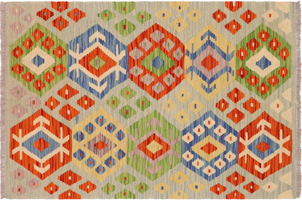 handmade Geometric Kilim Blue Rust Hand-Woven RECTANGLE 100% WOOL area rug 3 x 4